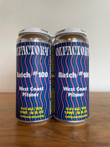 Four pack of cans of Olfactory Brewing, Batch 100, West Coast Pilsner